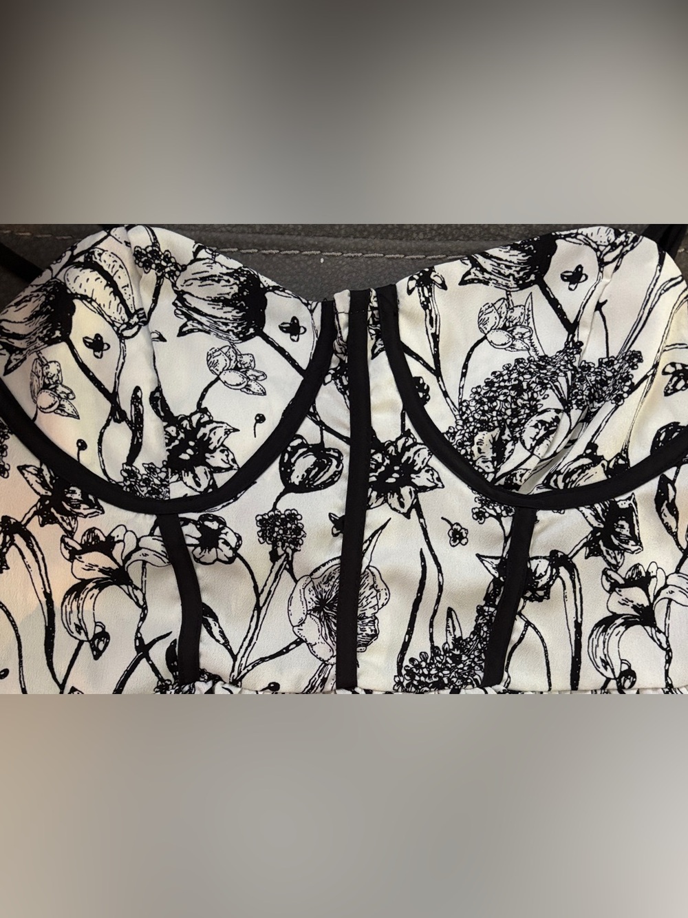 Corset Structure Midi Dress with Black & Ivory Floral Print, PTP 16” L 50”, GUC - Picture 8 of 10
